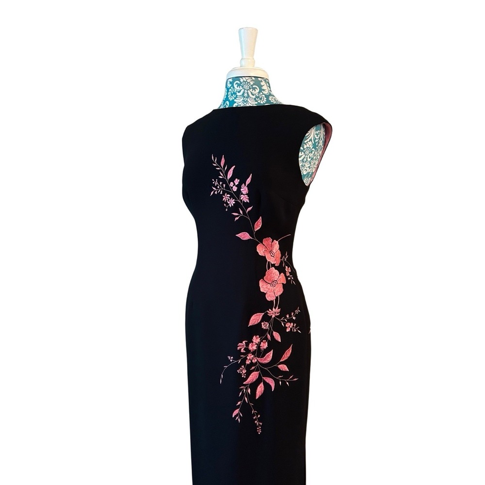 Vintage Y2K Black & Pink Embroidered Flowers Maxi Sheath Dress Glam Evening Prom
